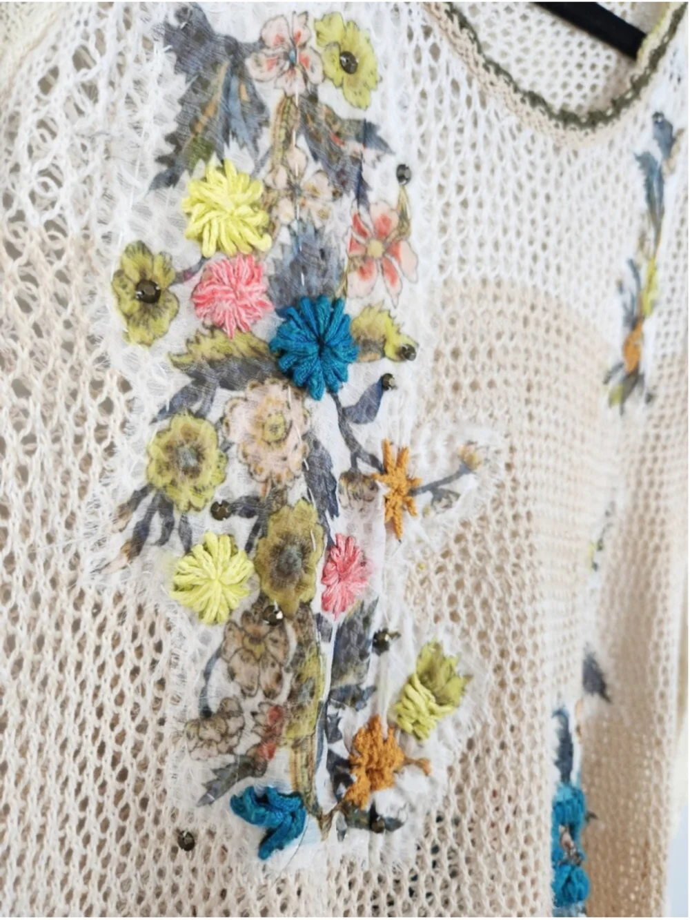 Free People Sz S Menagerie Open Knit Crochet Top Embroidery Baggy Oversized